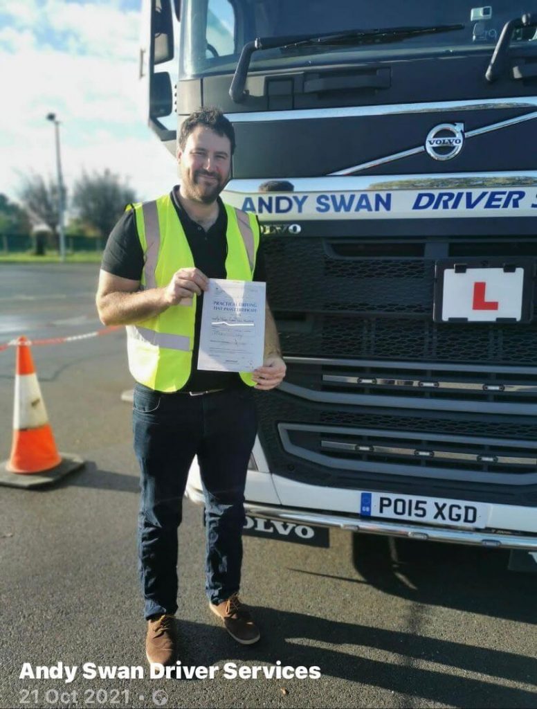image of james blackburn passing his hgv test class 1 with andy swan hgv training
